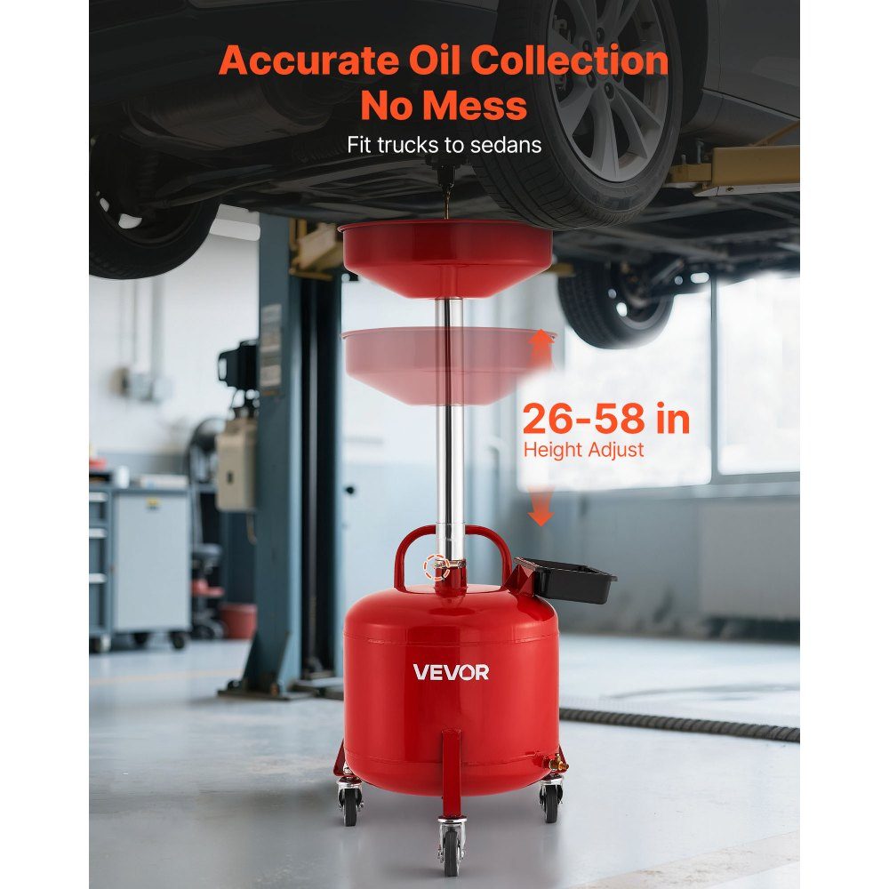 Oil Catch Trolley 30L, Oil Catch Trolley with Adjustable Funnel Height, Oil Catch Container with Wheels and Tool Box, Liquid Fuel Drain for Auto Workshop, Red