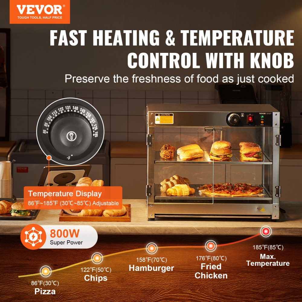 Chauffe-plats commercial à 2 étages, chauffe-plats 800 W avec lumière pour améliorer la présentation des aliments, contrôle de la température de 30 °C à 85 °C, grande capacité de 58 L pour hamburger, pizza, pain, poulet frit Chauffe-plats commercial à 2 étages, chauffe-plats 800 W avec lumière pour améliorer la présentation des aliments, contrôle de la température de 30 °C à 85 °C, grande capacité de 58 L pour hamburger, pizza, pain, poulet frit
