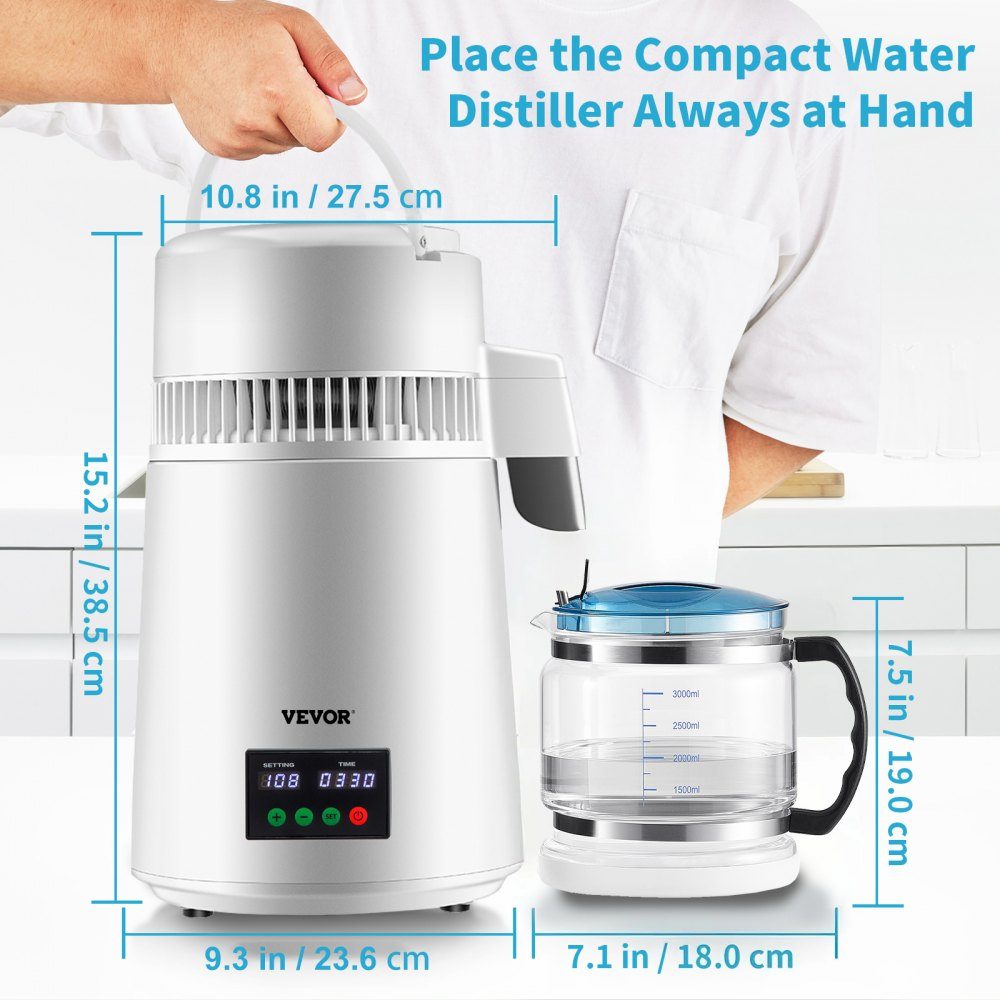4L waterdestilleerder 750W distilleerder roestvrijstalen waterdestilleerder zuiver waterdestilleerder met glazen kan, waterdestilleerder 1L/uur waterdestilleerder met dubbel temperatuurdisplay
