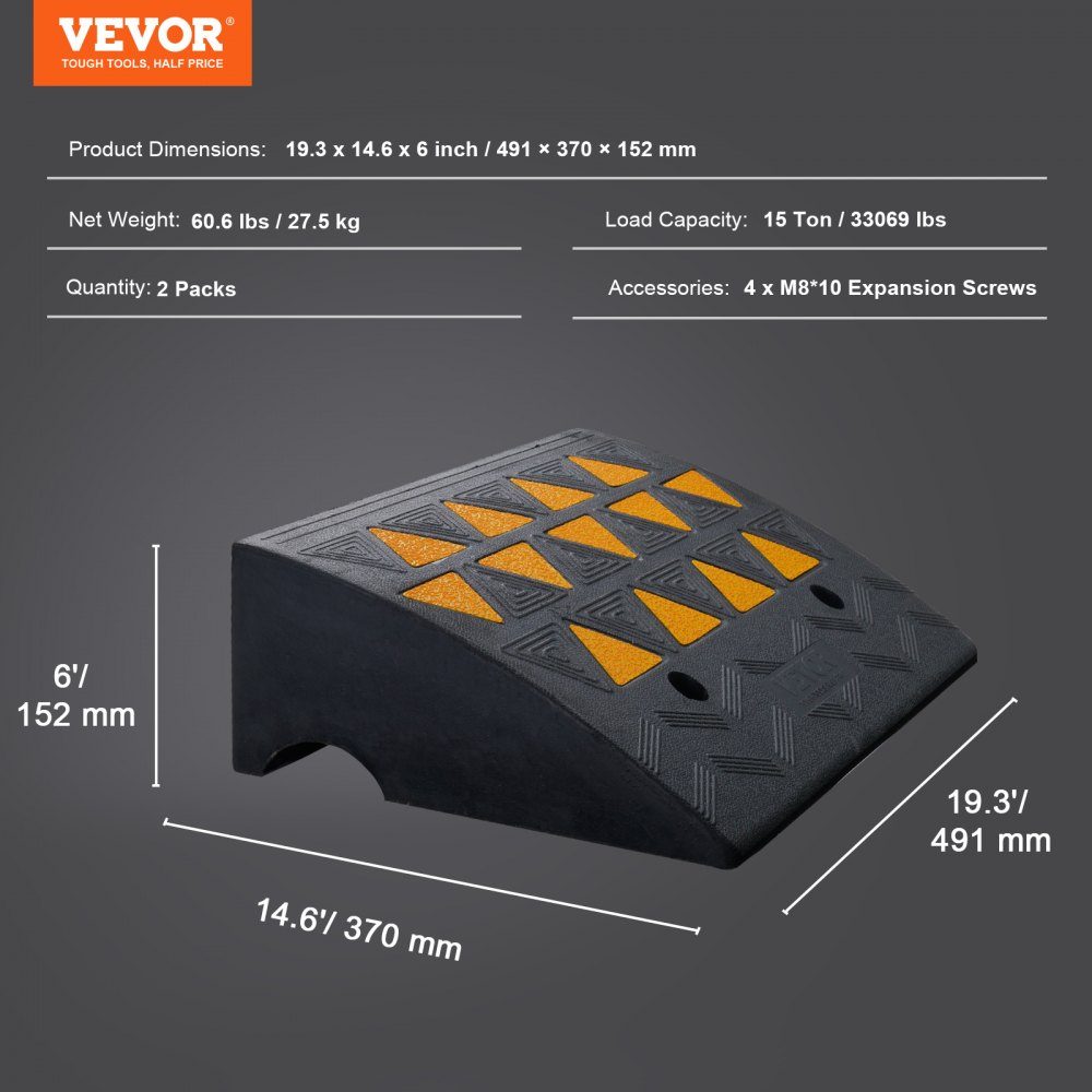 2x threshold ramp, solid rubber door threshold ramp, max. load capacity up to 15 tonnes, curb ramp, 49.1 x 37 x 15.2 cm, wheelchair ramp, access ramp, rubber ramp, suitable for uneven floors, curbs