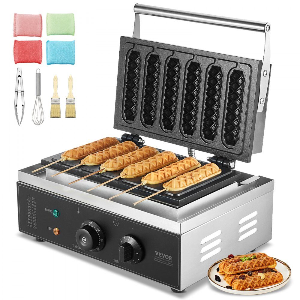Commercial Waffle Iron Waffle Maker 6pcs 1500W Non-Stick Stainless Steel Corn Hot Dog Waffle Maker with Temperature and Time Control for Restaurant Bakery Snack Bar Family