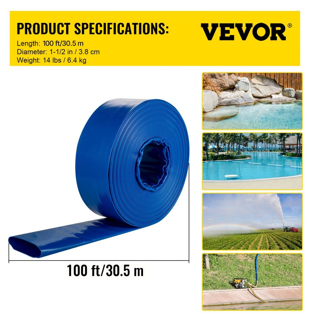 Ablaufschlauch, 38 mm x 32 m, Flachschlauch aus PVC-Gewebe, robuster Rückspül-Ablaufschlauch mit Klemmen, wetterfest und platzsicher, ideal für Schwimmbad und Wasserübertragung, Blau