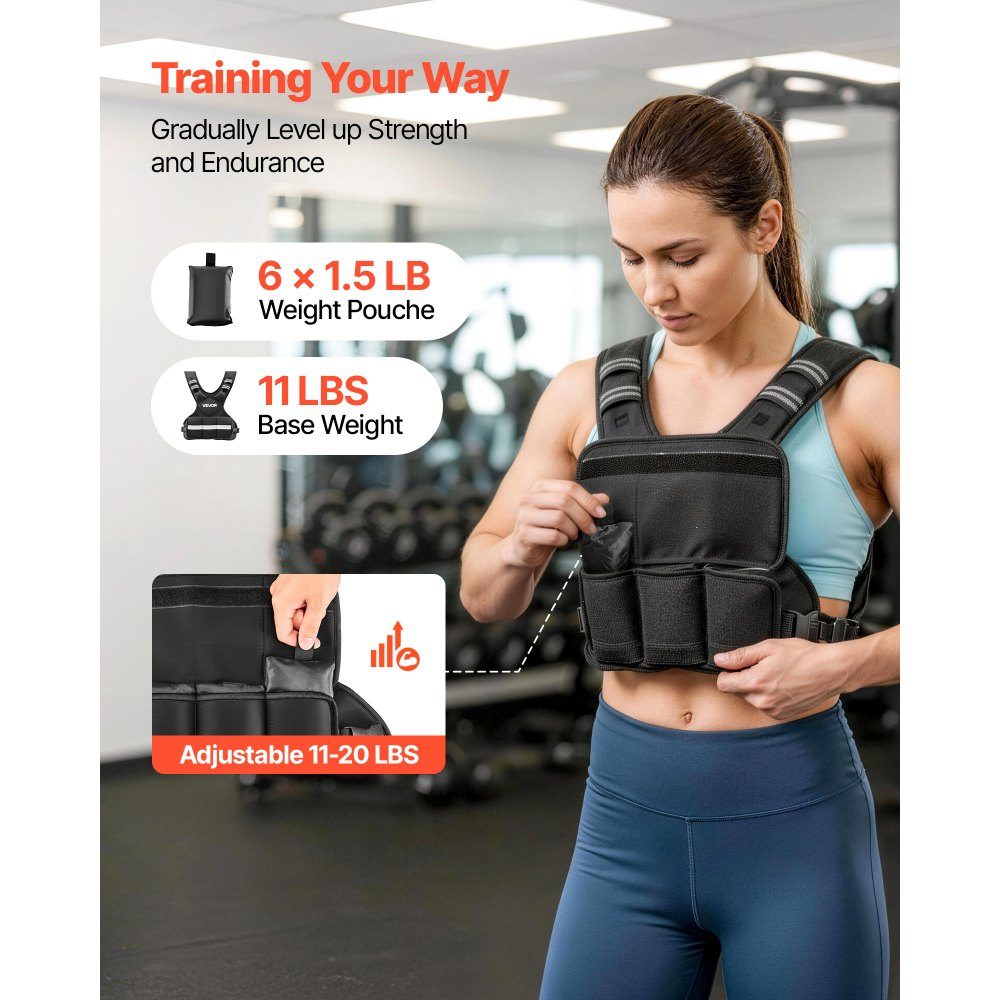 Adjustable Weight Vest 5-9.1kg with 6 Iron and Sand Weights and Reflective Strip Body Weight Vest Training Set for Men Women Training Equipment for Strength Training Running