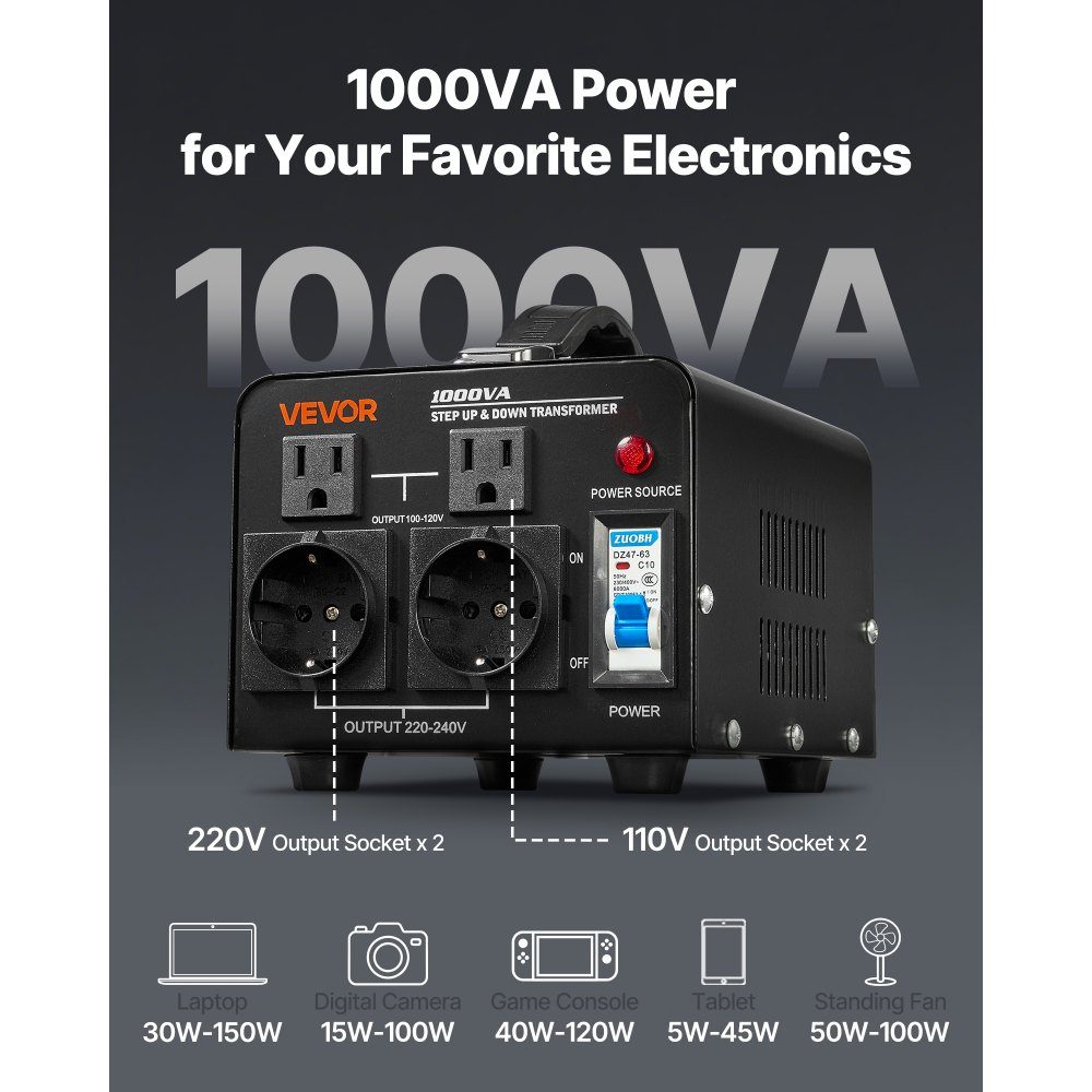 Voltage Converter Transformer, 1000VA Step Up/Down Power Transformer, 110V to 220V and 220V to 110V Conversion, with US and EU Sockets, Power Cord, Circuit Breaker