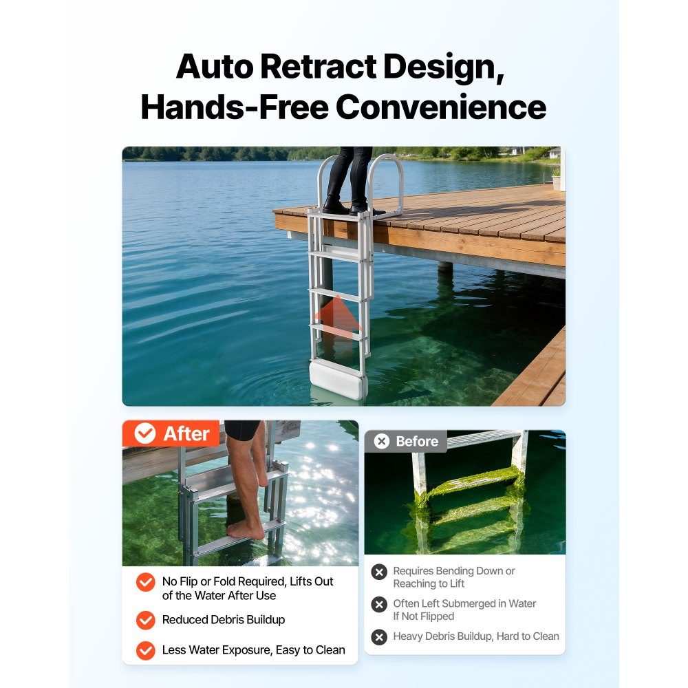 Retractable Dock Ladder, Boat Ladder with 5 Non-Slip Steps, Wide Pedals and Handrail, 500lb Entry Pool Ladder, Aluminum Alloy Telescopic Ladder for Docks, Pools, Lakes, Boats