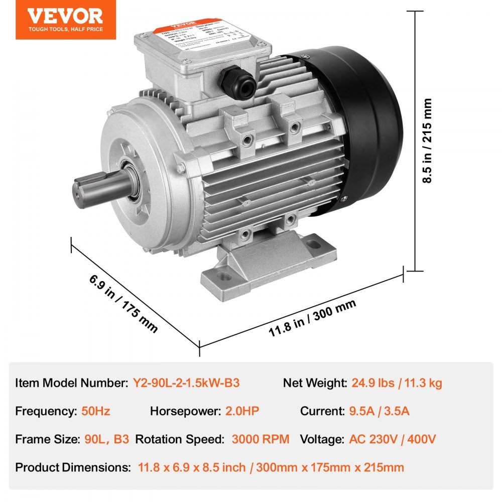 1,5 kW Elektromotor 3000 U/min AC 230 V/400 V 9,5 A/3,5 A 90L B3 Rahmen Luftkompressormotor 3 Phasen 24 mm Keilwelle Rechts-/Linksdrehung für landwirtschaftliche Maschinen und allgemeine Geräte