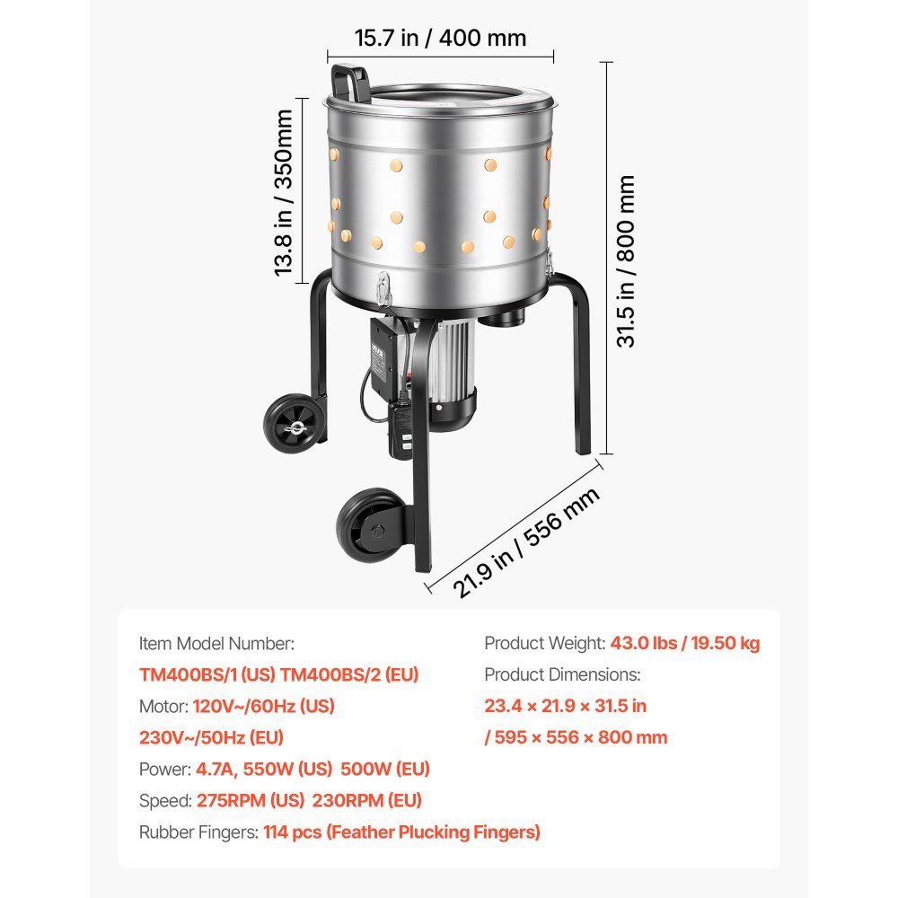 Poultry Plucking Machine, 400mm Drum, 500W, 230RPM, Electric Plucking Machine with 114 Soft Fingers and Transport Wheels, Stainless Steel Feather Remover for Processing 1-2 Chickens