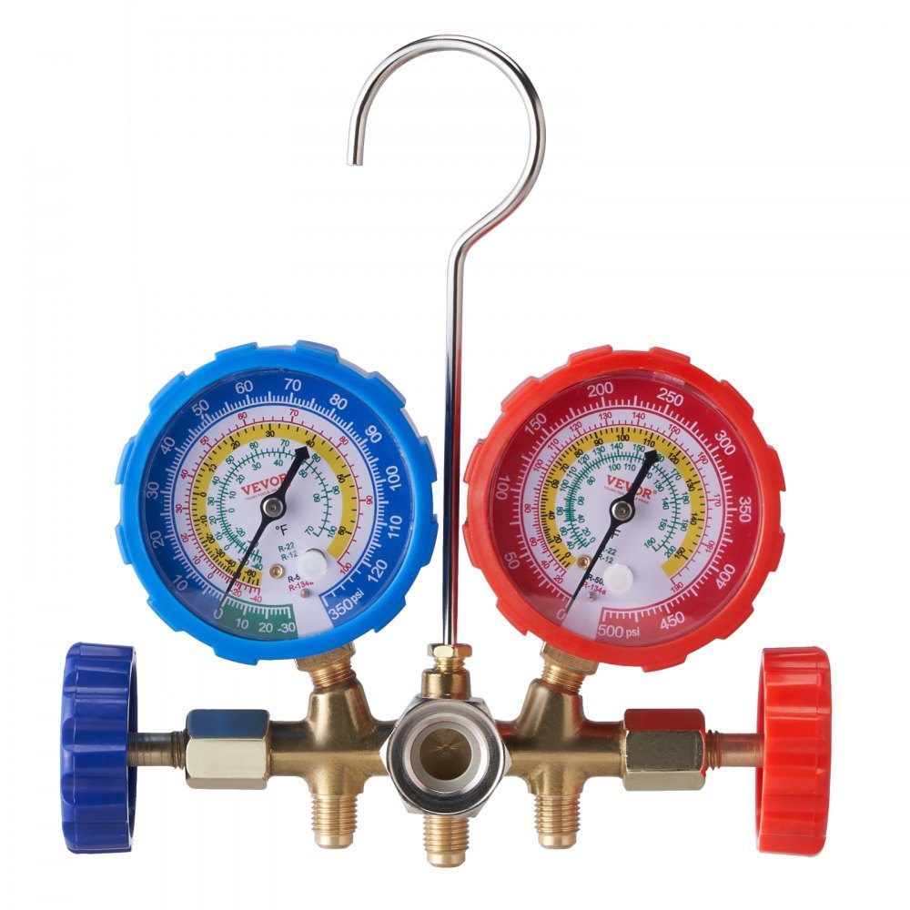 Koudemiddelmanometer 3-weg automotive koelmiddelverdelerset R134A-R22-R12-R502 Ac 4 stuks. 1,52 m vulslangen, koelmiddelmanometer
