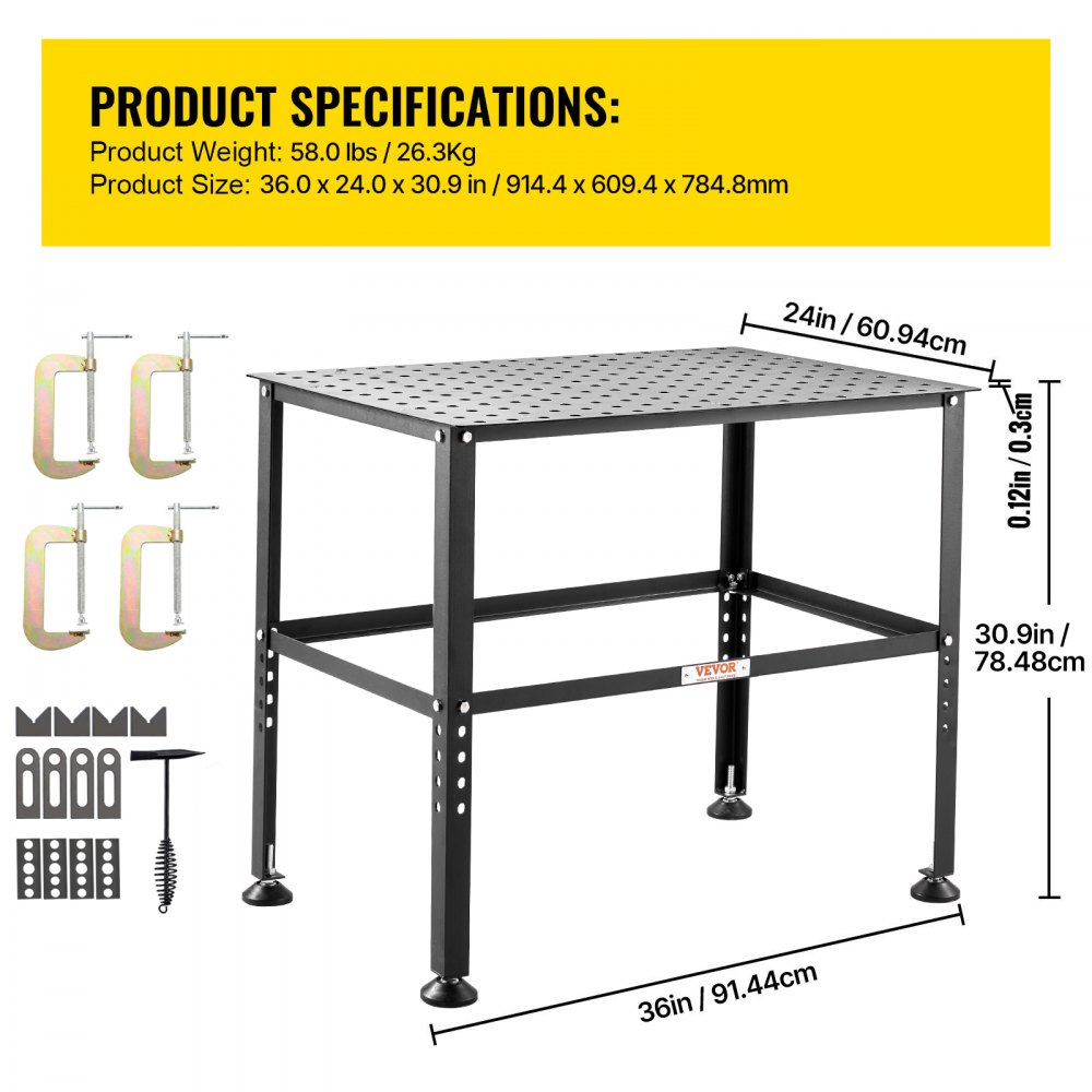 Schweißtisch 914,4 x 609,4 x 784,8 mm, Montagetisch mit einer Tragfähigkeit von 362 kg, Werkbank mit 16 mm Befestigungslöchern und rutschfesten Fußpolstern für Schweißmontage- und Reparaturarbeiten Schweißtisch 914,4 x 609,4 x 784,8 mm, Montagetisch mit einer Tragfähigkeit von 362 kg, Werkbank mit 16 mm Befestigungslöchern und rutschfesten Fußpolstern für Schweißmontage- und Reparaturarbeiten