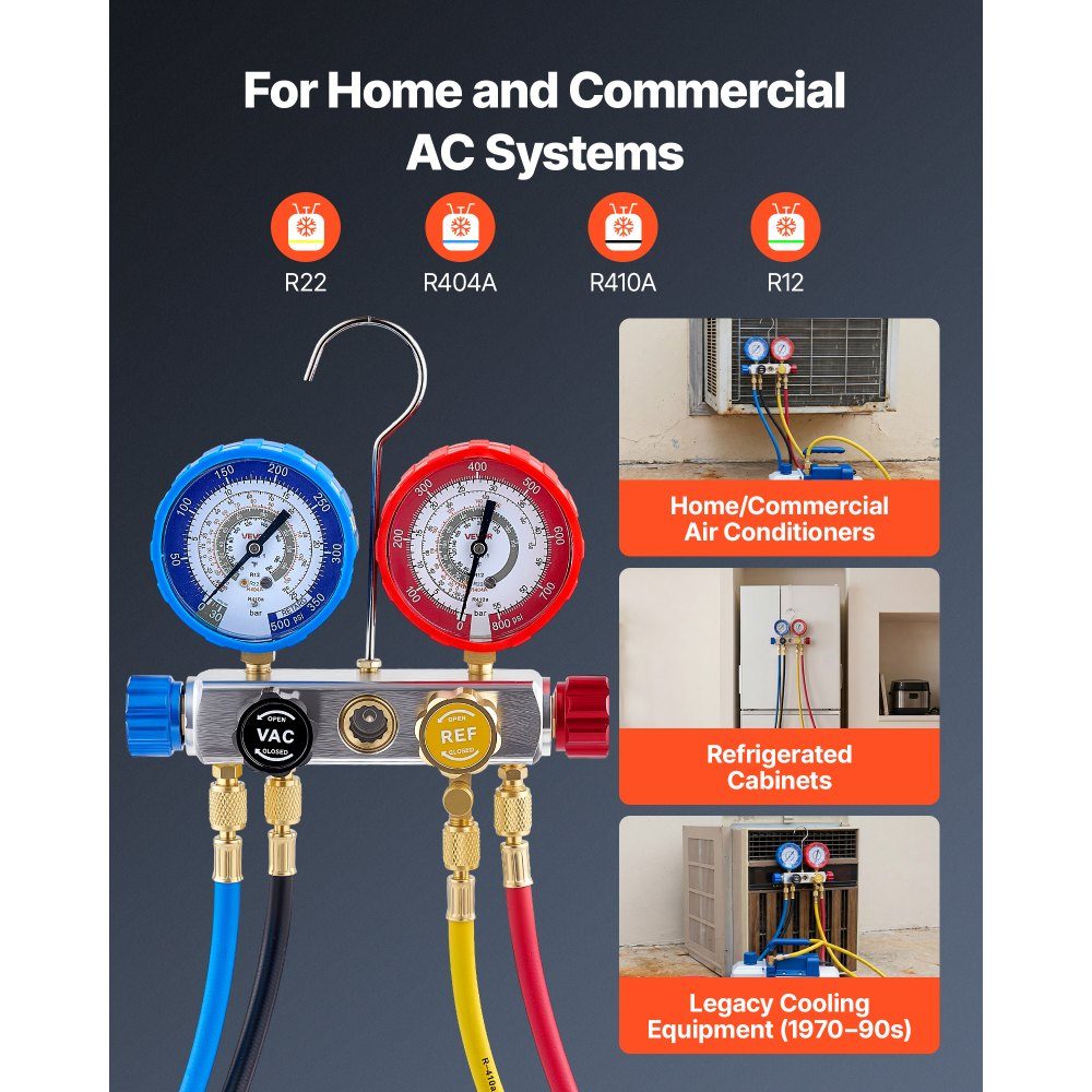 Air Conditioning Pressure Gauge Set for Refrigerant R22 R404A R410A R12, 4 Way Pressure Gauge with 1.5m Hoses, for Maintenance, Evacuation, Filling, Restoration of Air Conditioning Systems in Vehicles, Households