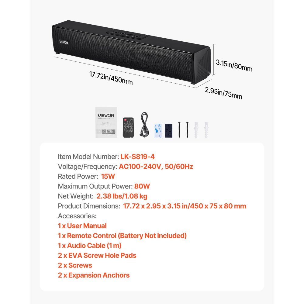 Soundbar für Smart TV, 2.0-Kanal, 450-mm-Kompakt-TV-Lautsprecher für Projektor, Bluetooth-AUX-Anschluss, Fernbedienung, 80-W-Surround-Sound-System für PC-Heimkino-Audio