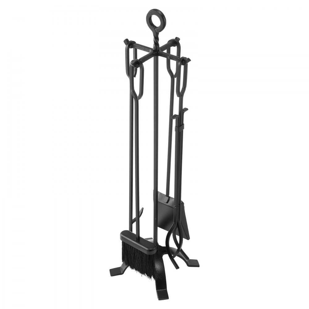 Ensemble de couverts de cheminée, 5 pièces, support à quatre dents, pince, pelle à cendres, brosse, tisonnier, ensemble de cheminée, accessoires de cheminée en fer forgé pour cheminée de feu de camp, noir