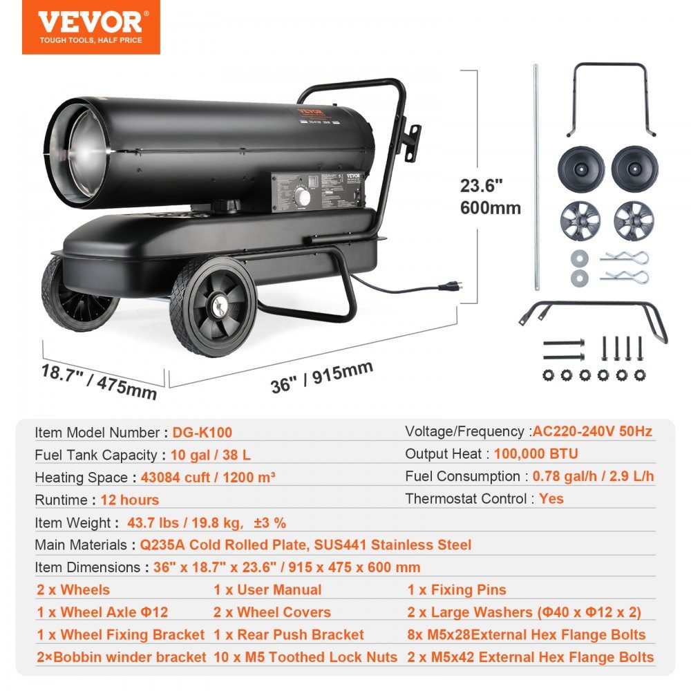 Kerosene/Diesel Hot Air Heater, 100,000 BTU Torpedo Space Heater, Portable with Thermostat Control, 38L Tank, Efficient Indoor Outdoor Kerosene Heater for Home, Construction Site, Industrial, Workshop, Black