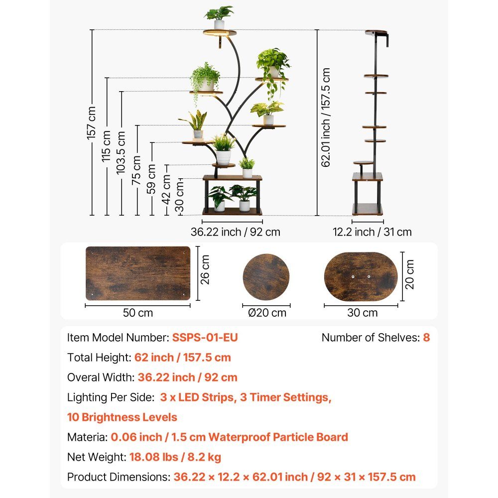 Plant Stand with Grow Lights, 8 Tier Plant Shelf Flower Stand, 3 Timers and 10 Brightness Levels, Flower Shelf Decoration for Living Room and Balcony, 920x310x1575mm