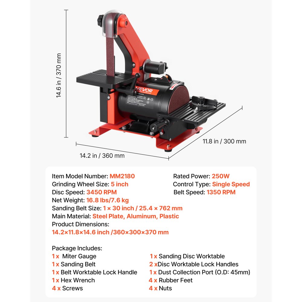 Ponceuse à disque à bande 250 W, ponceuse à disque 127 mm et ponceuse à bande 25,4 x 762 mm, avec table de travail réglable de 0 à 45° et ouverture d'aspiration de poussière pour le travail du bois et l'affûtage des couteaux