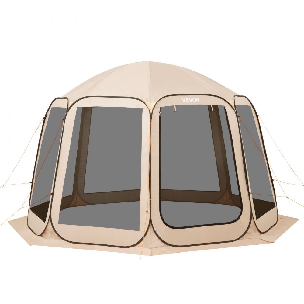 Pop Up Tent 144" x 134" Portable Camping Tent for 10-12 People with Net, Carry Bag, Side Walls and Pegs for Garden, Patio and Outdoor Activities, Beige
