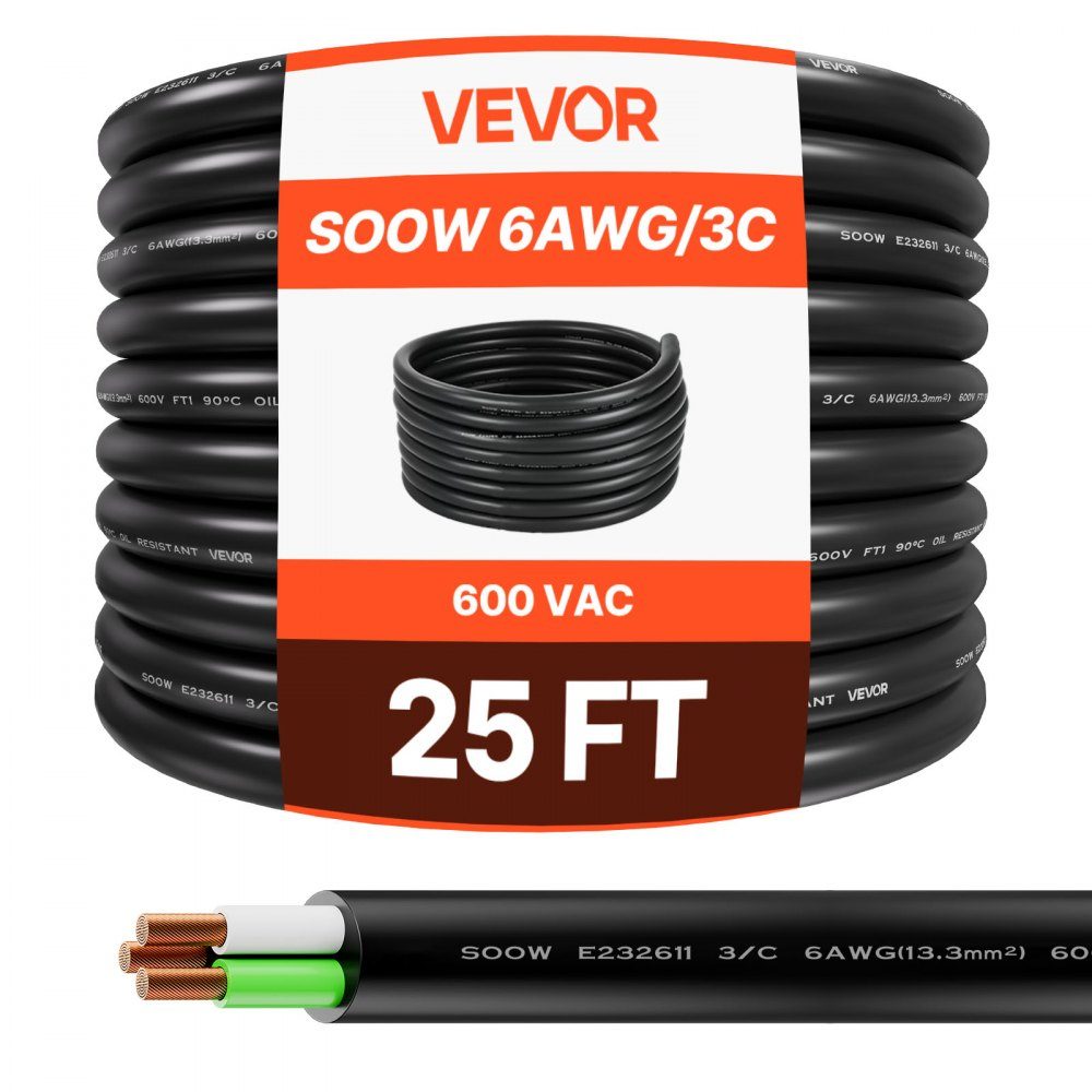 25ft 6AWG (16mm²) Electrical Cable Power Cable Copper Extension Cable 600V