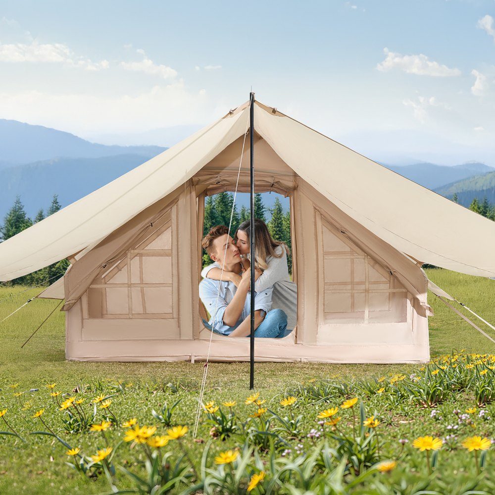 Aufblasbare Zelte für Camping, 3 x 2 x 2 m, 3–5 Personen, 300D Oxford, 4-Jahreszeiten-Glamping-Zelt mit Vordach, Handpumpe, Herdanschluss, 2 Türen und 2 Netzfenstern (Aufbewahrungstasche im Lieferumfang enthalten)