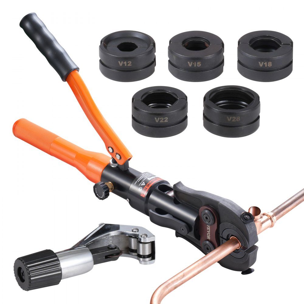 Hydraulic pipe crimping tool for copper pipe connections, pressing pliers with V12, V15, V18, V22, V28 quick-change jaws, 360° rotating press set for T-connections in tight spaces, hydraulically powered