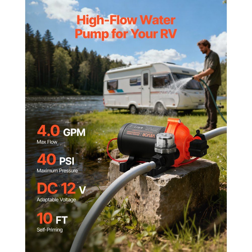 Diaphragm pump, 12V DC, 15.1L/min, self-priming 3-chamber diaphragm water pump with automatic pressure switch, 2.75 bar pressure for motorhome, caravan, ship, yacht, car wash