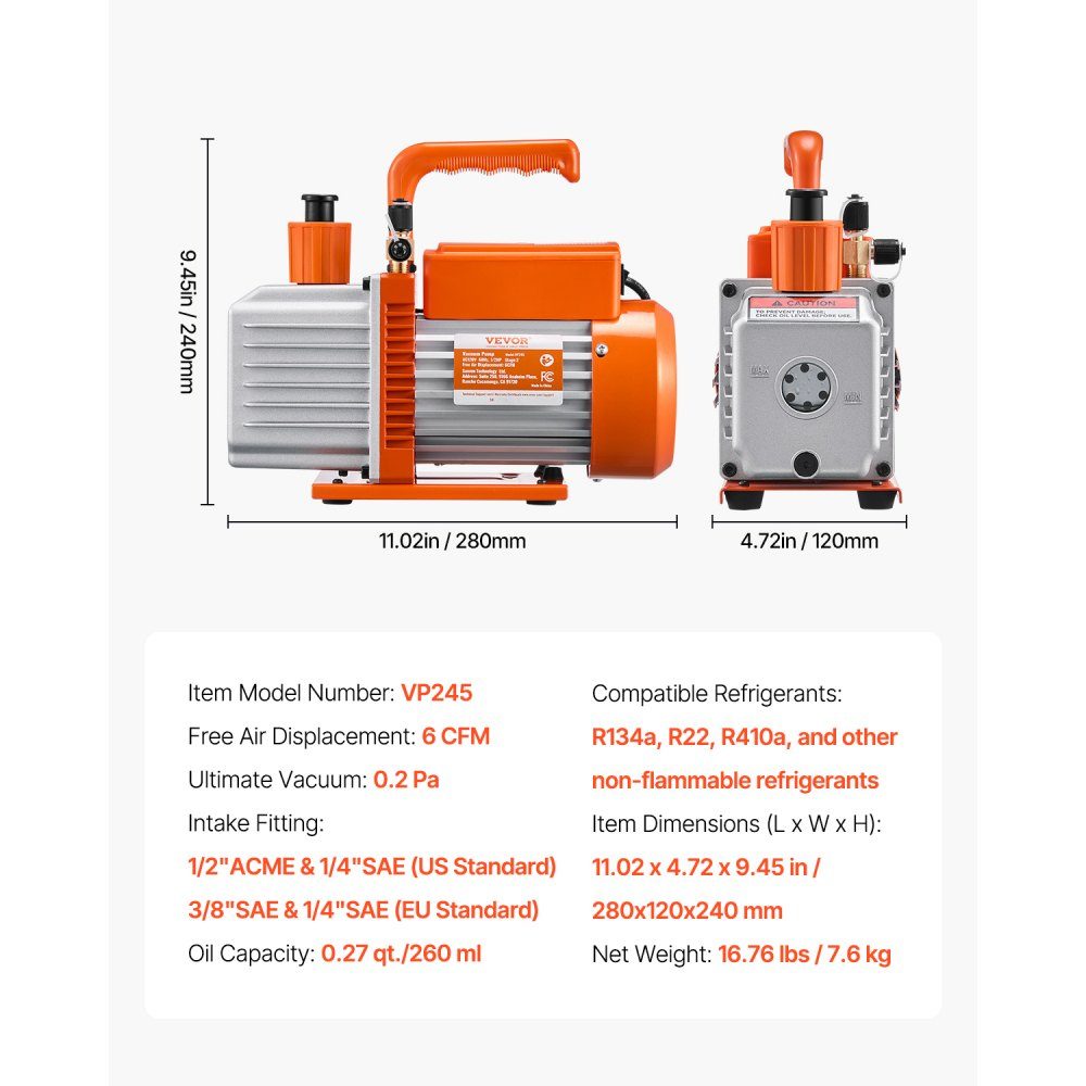 Vakuumpumpe 6 CFM HVAC 2-stufige Drehschieber-Vakuumpumpe für R134a R22 R410a-Systeme Auto-AC-Vakuumpumpensatz mit Ölflasche zur Harzentgasung für die Wartung von Autoklimaanlagen
