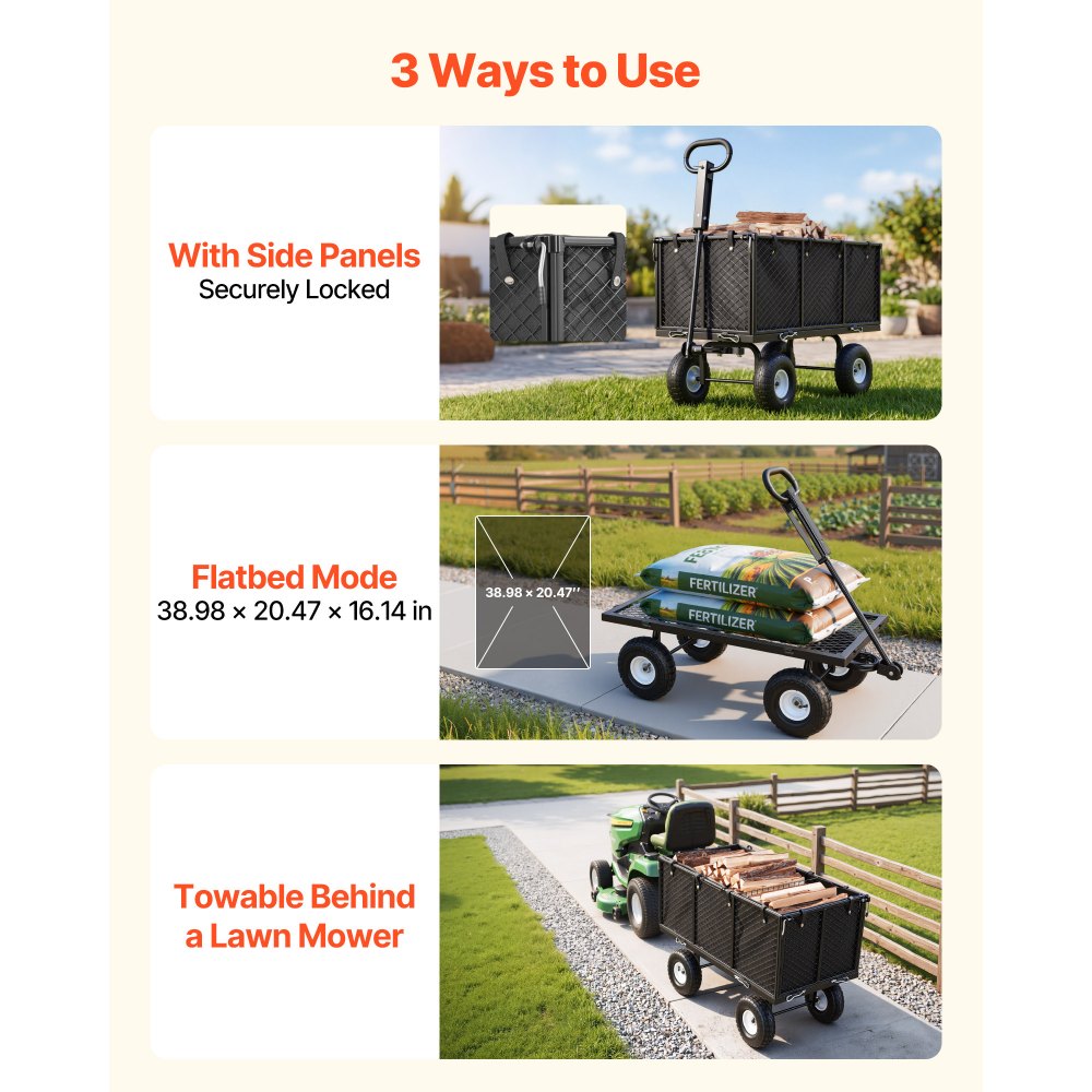 Handcart 544 kg, Handcart with Pneumatic Tires, Adjustable Handle, Removable Sides, Beach Cart, Camping Cart, Garden Cart for Attachment to ATV or Tractor, Black Handcart 544 kg, Handcart with Pneumatic Tires, Adjustable Handle, Removable Sides, Beach Cart, Camping Cart, Garden Cart for Attachment to ATV or Tractor, Black