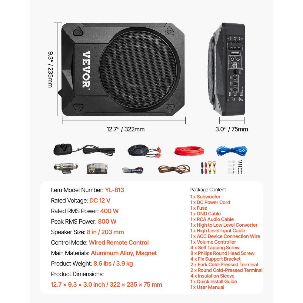 Subwoofer samochodowy pod siedzeniem 800 W, smukły subwoofer samochodowy o średnicy 203 mm, podsystem z wbudowanym wzmacniaczem, wejście wysokiego/niskiego poziomu i regulacja głośności dla SUV-ów, ciężarówek