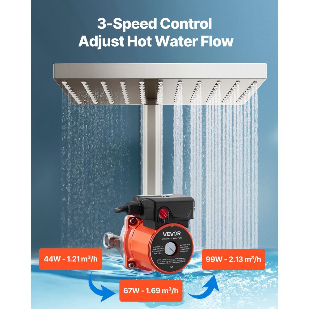 Circulation Pump 38L/min Instant Circulation Circulation Pump System 3 Speed ​​Control 100W AC 220-240V G3/4" to G1/2" Adapter Stainless Steel Head for Water Heater System