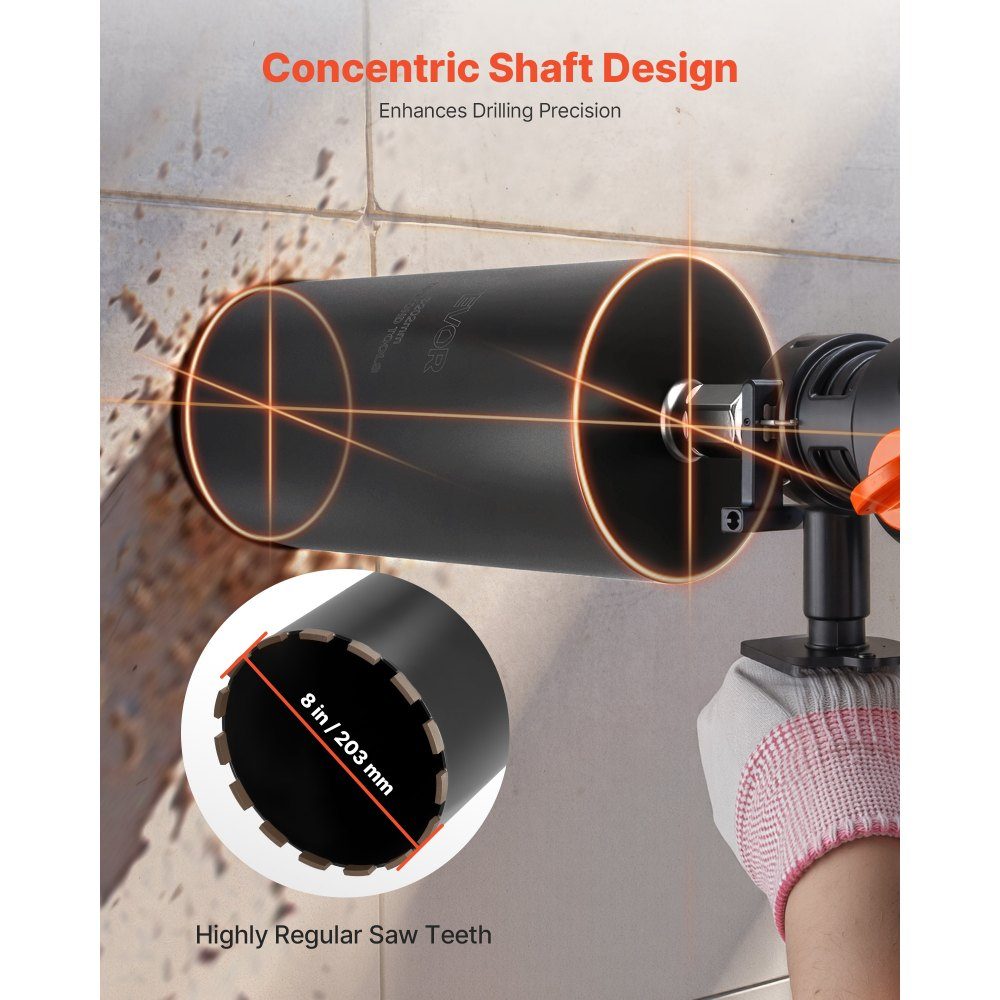 Core drill φ 203 mm, 356 mm drilling depth, 1-1/4 inch-7 internal thread, high-precision welding technology, wet diamond core drill, core hole drill for reinforced concrete brick masonry