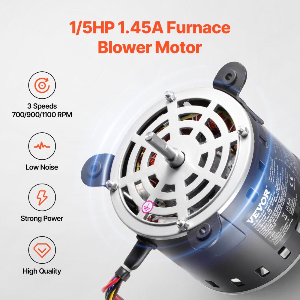 1/5 HP Blower Motor, 220V, 1.45 Amp, 3 Speeds (700/900/1100 RPM), 10mm Shaft Diameter, 20mm Shaft, RED. CCW from shaft end, including CBB60 8 μF / 450 V capacitor