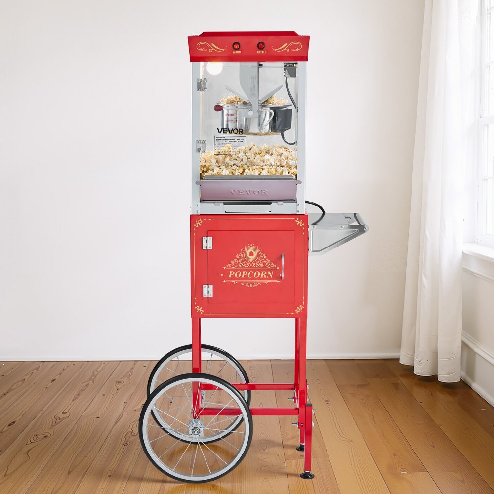 Popcornmachine Popcornmachine met waterkoker en kar, 800 W commerciële popcornmaker, 48 kopjes per lading, met 2-knopsbediening, glazen wand, pc-deur, 1 schep, 3 lepels, rood Popcornmachine Popcornmachine met waterkoker en kar, 800 W commerciële popcornmaker, 48 kopjes per lading, met 2-knopsbediening, glazen wand, pc-deur, 1 schep, 3 lepels, rood