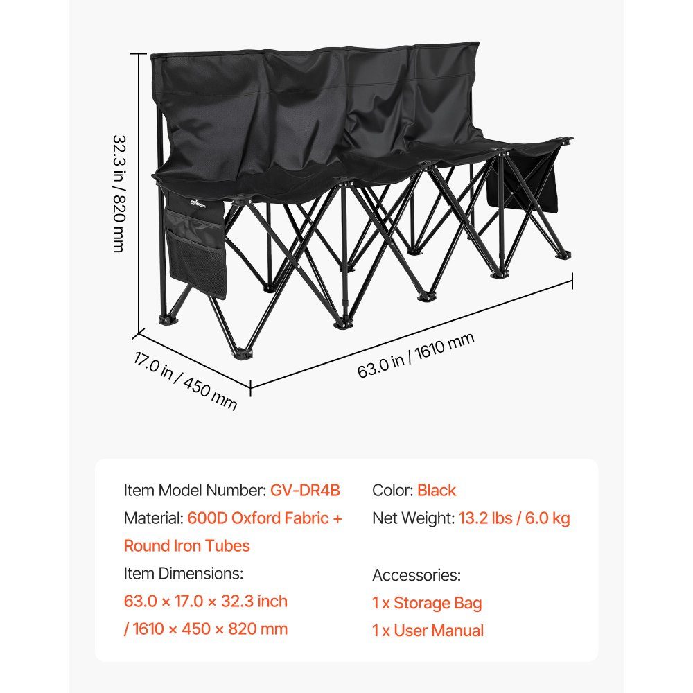 Portable Folding Camping Bench Bench (4 Person) with Side Pockets and Carry Bag Team Bench with Backrest Side Bench for Football Baseball Camping Outdoor Activities Black