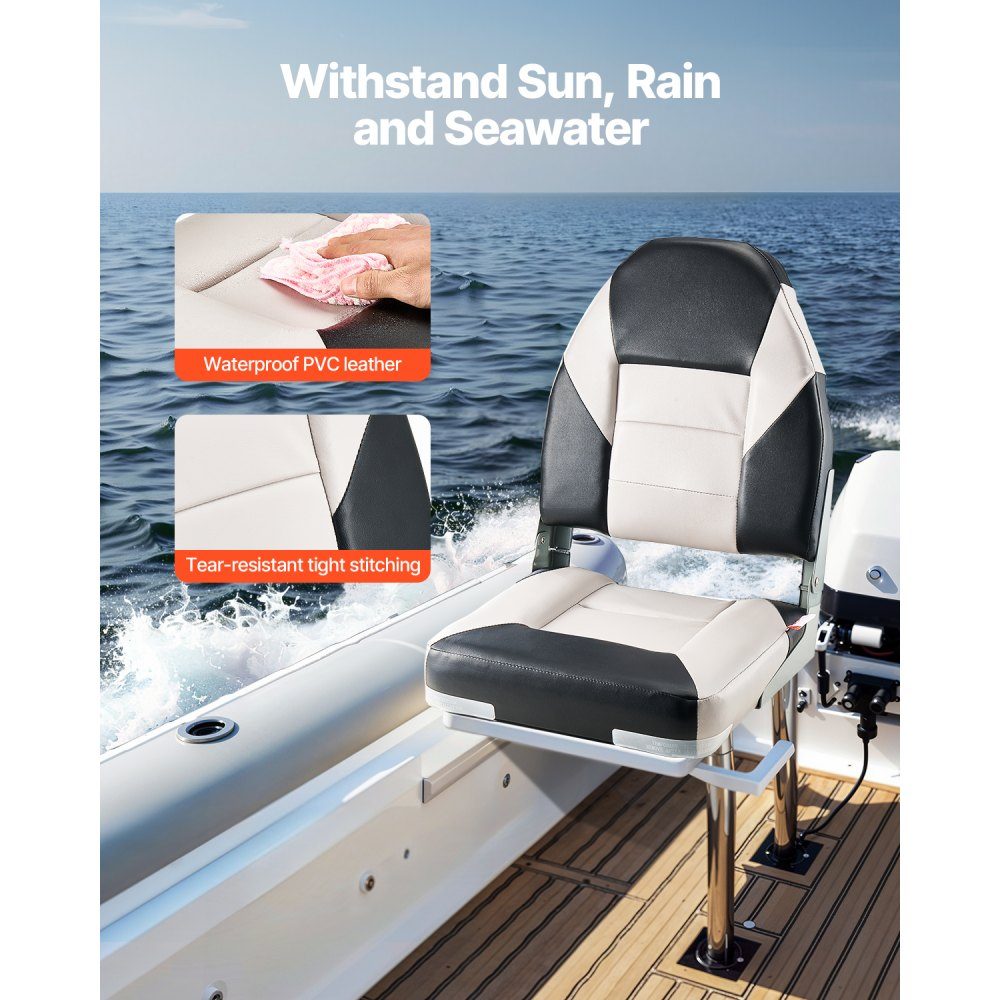 2pcs High Back Boat Seat Folding Fishing Boat Seat with Thick Sponge Cushion and Waterproof PVC Leather Aluminum Alloy Hinges Black Gray