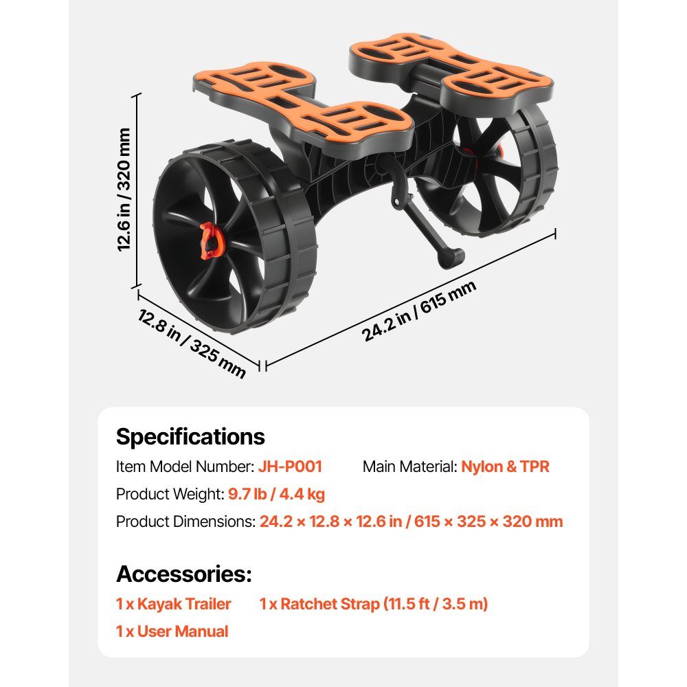Kayak Trolley, 136kg, Foldable Canoe Trolley with 10" Solid Rubber Tires & 1 Ratchet Strap, Boat Trolley for Transporting Kayaks, Canoes, Paddleboards, Jon Boats, Water Sports Equipment, 615x325x320mm