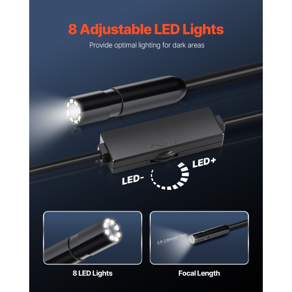 Endoskopkamera mit Licht, 1920P HD-Endoskop für Android und iOS, Inspektionskamera mit 8 LED-Leuchten und 5 m Kabel, 2-fach Zoom, wasserdichte IP67-Kanalkamera für Auto und Sanitär