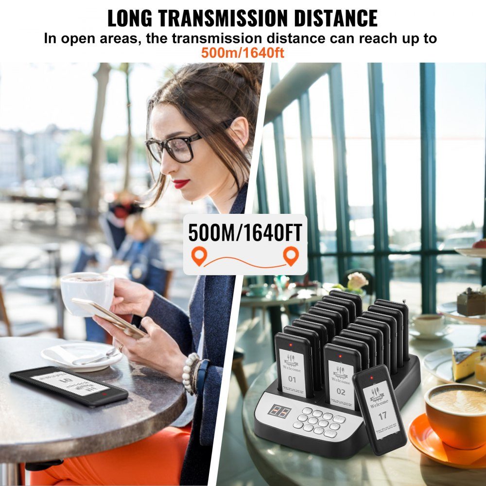 Restaurant Pager System, Wireless Queue Signal with 500m Range, Guest Call Beeper with Vibration and Flashing, 16 Pagers for Food Truck, Church