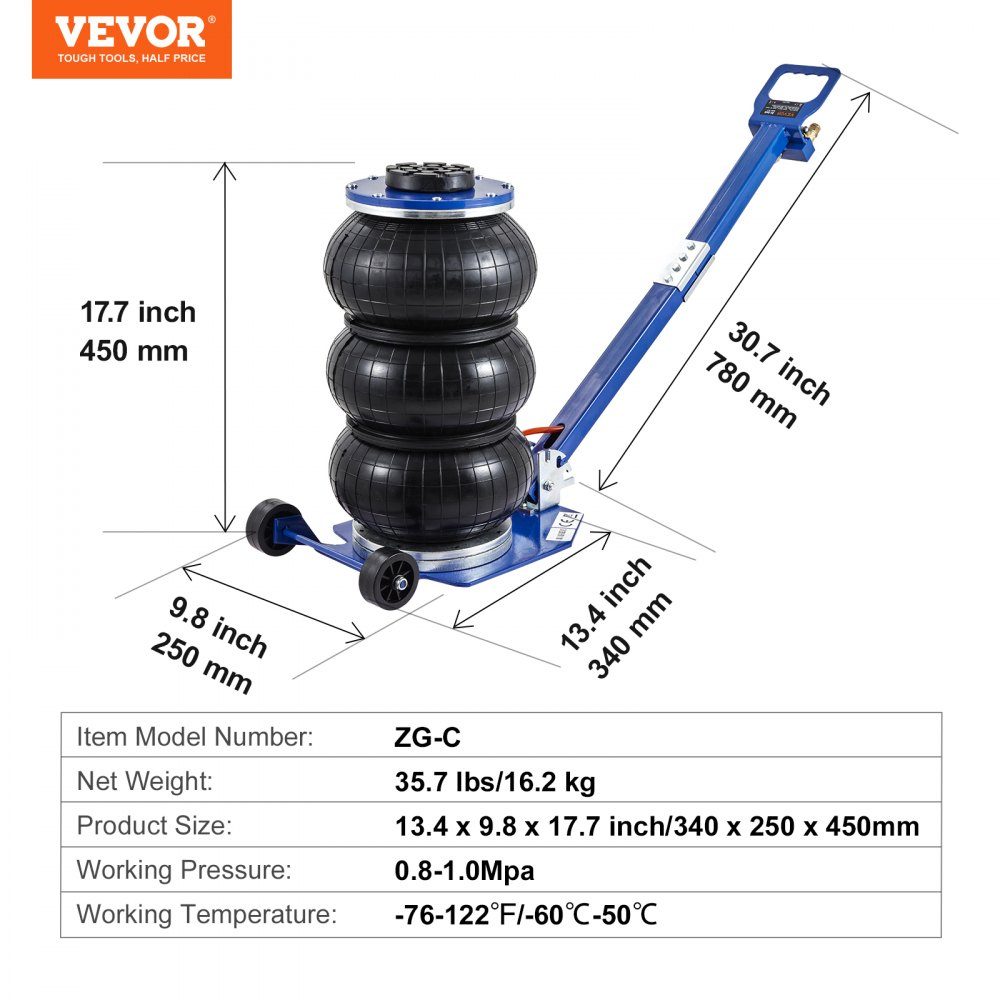 Pneumatyczny podnośnik samochodowy 3 tony, niebieski Potrójny podnośnik Air Jack 140-450 mm Wysokość podnoszenia Podnośnik pneumatyczny, 5 minut podnoszenia Podnośnik pneumatyczny do SUV-a, ciężarówki Niebieski