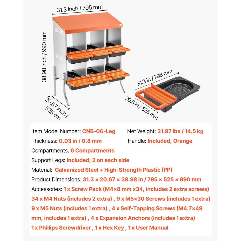 2-tier laying nest 795x525x990 mm, 6 compartments, metal chicken nest with support legs, poultry nest, roll-off nest, ideal for hens, ducks, chickens & other poultry, orange