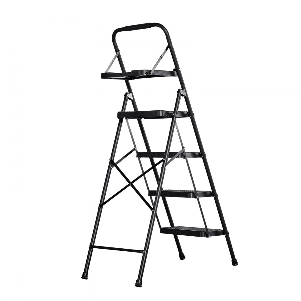 Step Ladder 4 Steps, Folding Ladder with Tool Tray & Comfort Handle, Household Ladder Load Capacity up to 272 kg, Step Ladder, Folding Step, Safety Ladder for Kitchen, Home & Office, Black Step Ladder 4 Steps, Folding Ladder with Tool Tray & Comfort Handle, Household Ladder Load Capacity up to 272 kg, Step Ladder, Folding Step, Safety Ladder for Kitchen, Home & Office, Black