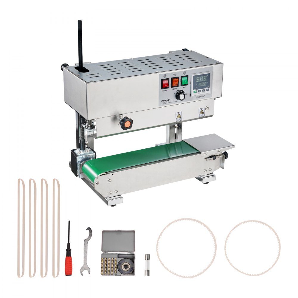 Kontinuierliche Beutelbandschweißmaschine, 0,24–0,47 Zoll/6–12 mm Schweißbreite, vertikale Bandschweißmaschine mit digitaler Temperaturregelung, Beutelschweißgerät aus Edelstahl für 0,02–0,8 mm dicke Kunststoffbeutelfolien
