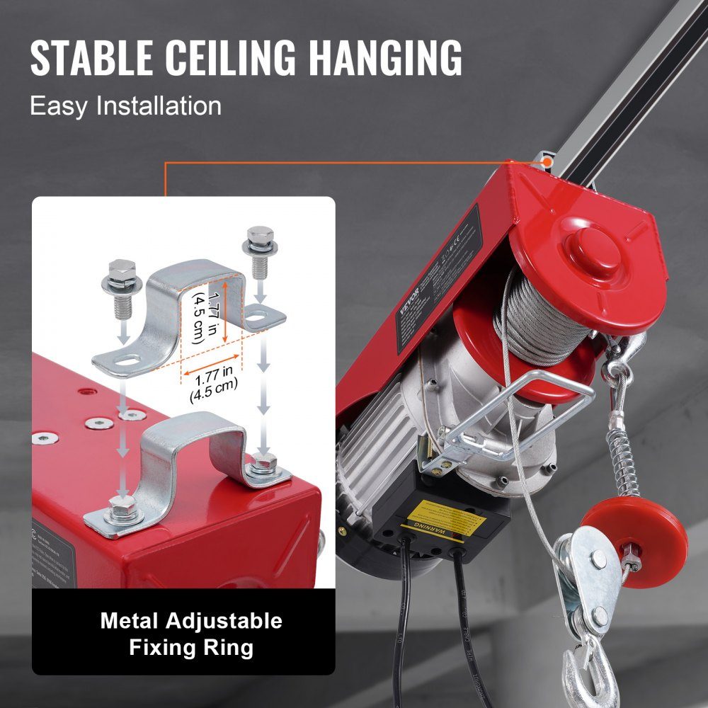 Electric Winch, 800kg Motor Winch with 4.2m Cable Remote Control, 12m Lifting Height with Single Cable, Single/Double Slings, Emergency Stop, Hoist for Garage, Warehouse, Factory