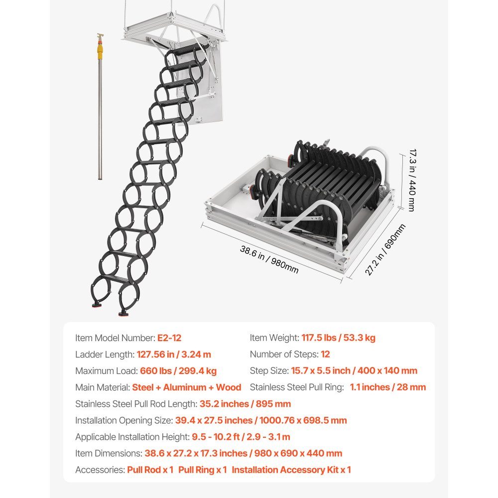 Échelle de grenier, capacité de charge 299,4 kg, adaptée à une hauteur de plafond de 2,9 à 3,1 m et une taille d'ouverture de 1000,76 x 698,5 mm, escalier à ciseaux en acier allié avec tige de traction pour grenier