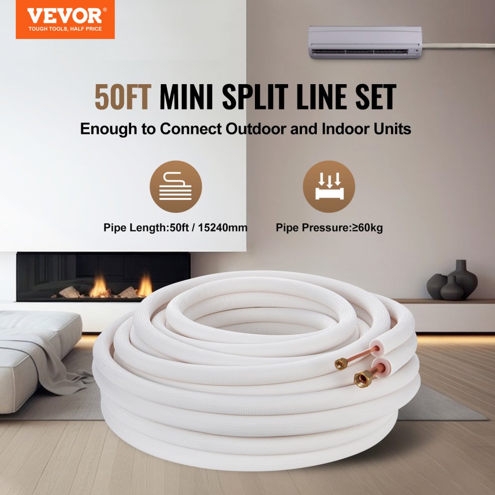 50FT mini split line kit, 1/4" and 1/2" OD copper tubing with triple layer insulation, for mini split air conditioning, refrigerant or heat pump equipment and HVAC with 50FT mini split line kit, 1/4" and 1/2" OD copper tubing with triple layer insulation, for mini split air conditioning, refrigerant or heat pump equipment and HVAC with