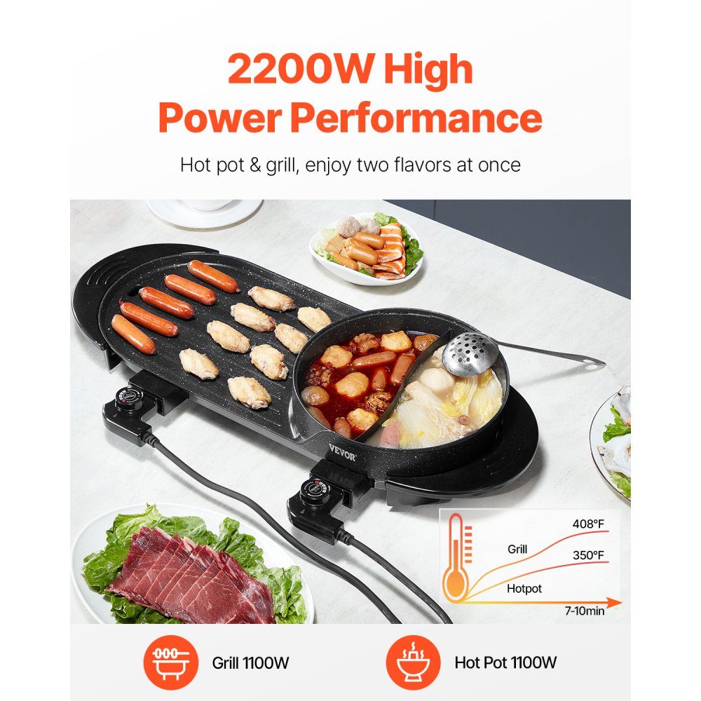 Hot Pot with Grill, 2200W 2-in-1 Electric Smokeless Grill and Hot Pot, Korean BBQ Shabu Dutch Oven with Separate Dual Temperature Control and Non-Stick Pans