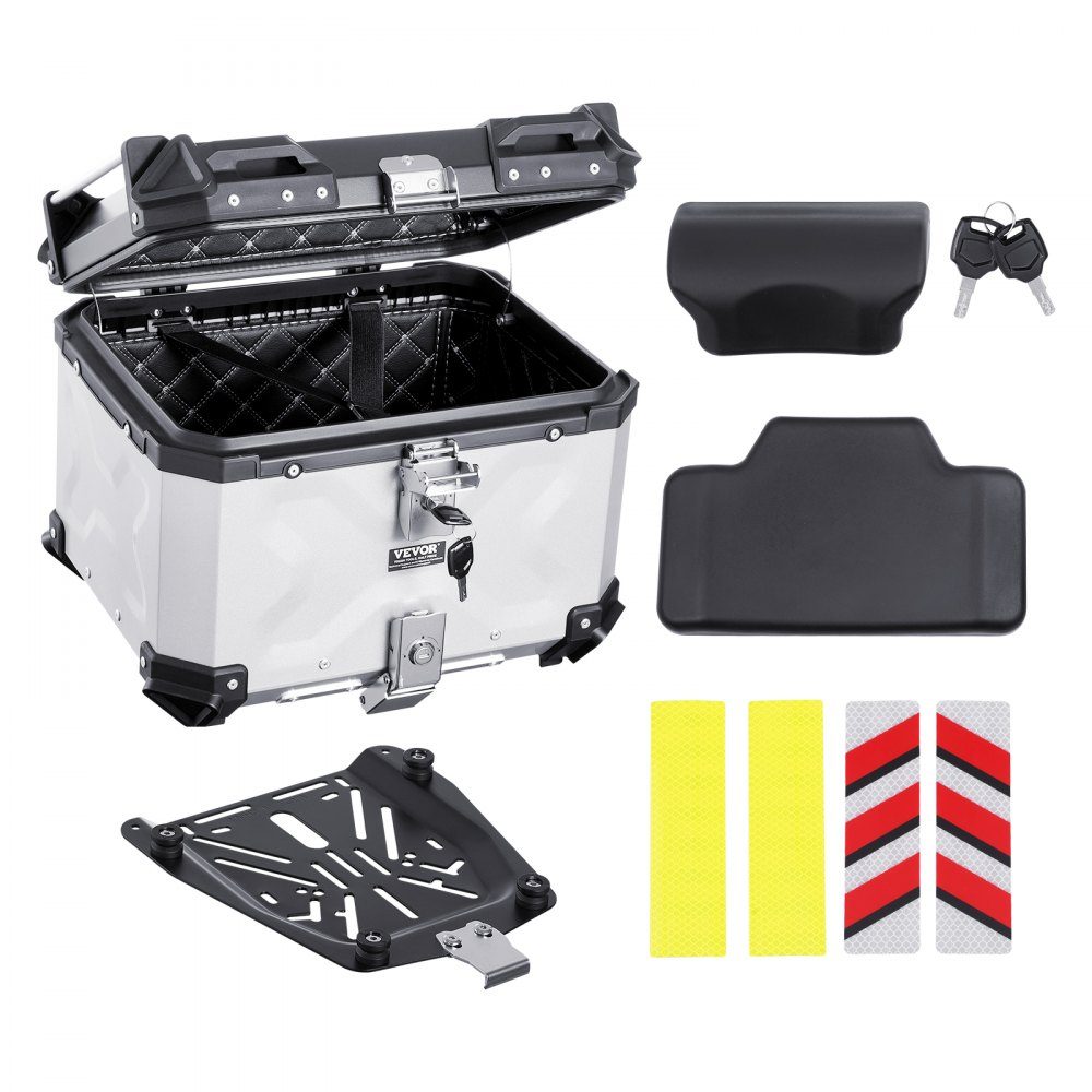 Motortopkoffer Motorkoffer 45L Aluminium staartkoffer met lederen voering, afneembare motortopkoffer met slot en rugkussen, helmkoffer (435 x 378 x 348 mm) Zilver