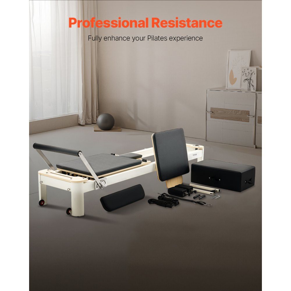 Pilates Reformer-Maschine, Pilates-Bett aus Aluminium mit Sitzbox und doppeltem Widerstand – Feder und Kordel, für Fortgeschrittene und Anfänger, Heimfitnessgeräte bis zu 400 Pfund