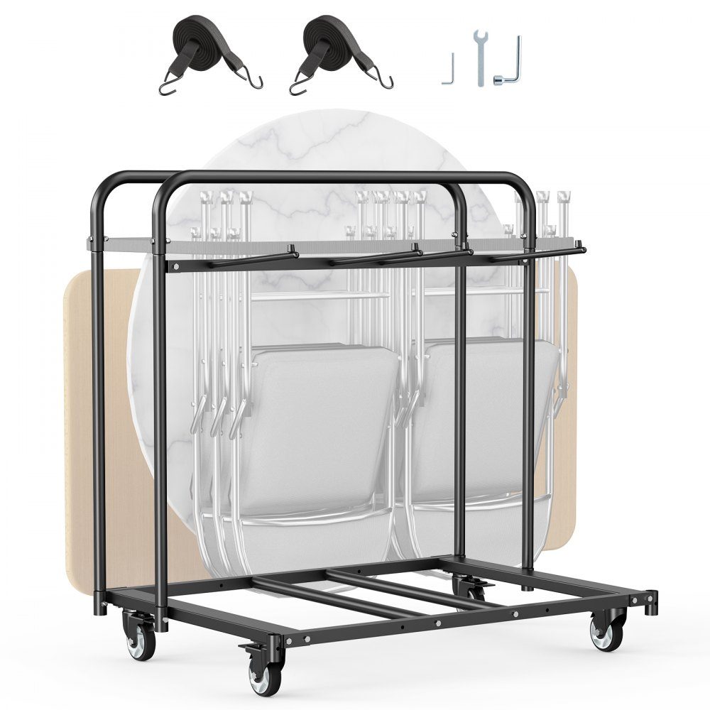 Chariot à chaises Chariot à chaises pliant 180 kg 5 tables + 14 chaises Chariot de rangement pour chaises avec support de chaise avec roulettes pivotantes et roues verrouillables pour fêtes, événements, hôtels Noir mat