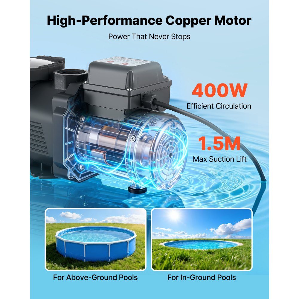 Pompa basenowa 400 W, pompa filtrująca 11.100 L/H max. natężenie przepływu, jednostopniowa pompa basenowa, 3450 obr./min, maks. 10 m. głowica, mit 24-Stunden-Timer i kosz filtrujący, do basenów naziemnych i naziemnych oraz spa