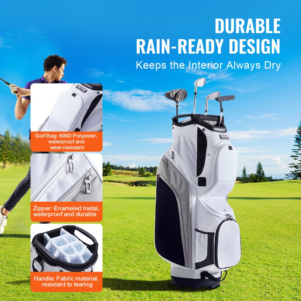 Golfkartas met 14-weg bovenorganizer, 36" 13 zakken Premium nylon kartas, duurzame golftassen met handvatten, stofkap en afneembare bandjes voor mannen en vrouwen, wit kleurblokontwerp