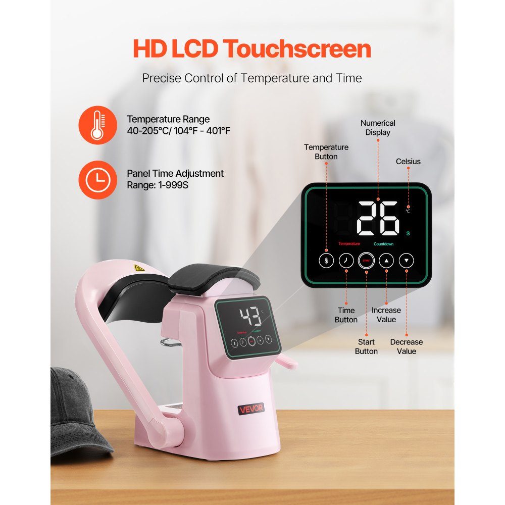 Automatic Hat Heat Press with 2 Interchangeable Plates, Auto Open and Release, Touch Screen for Time and Temperature Control, Heat Transfer Printing for Caps, Hats, Pink